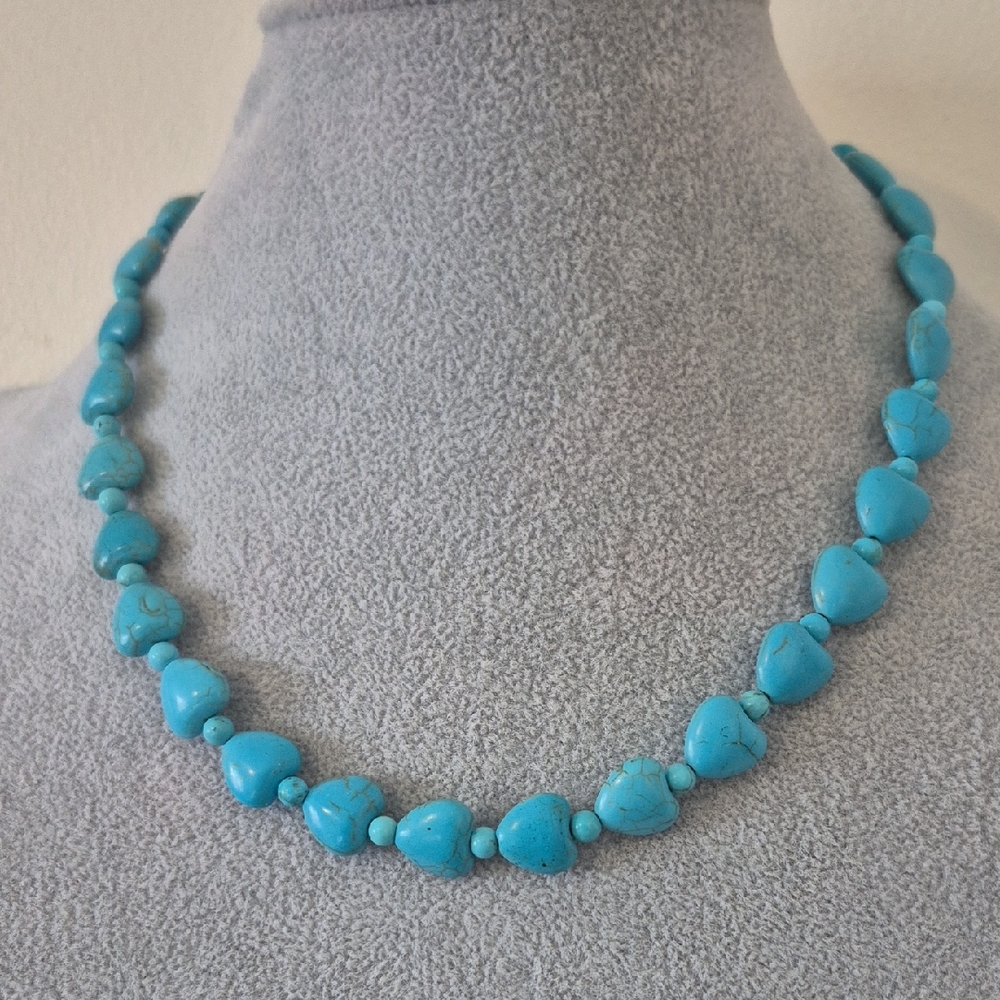 Turquoise 6mm 4mm Natural Beads on Heart Necklace.Charm On Matching Braclet. - Picture 1 of 4